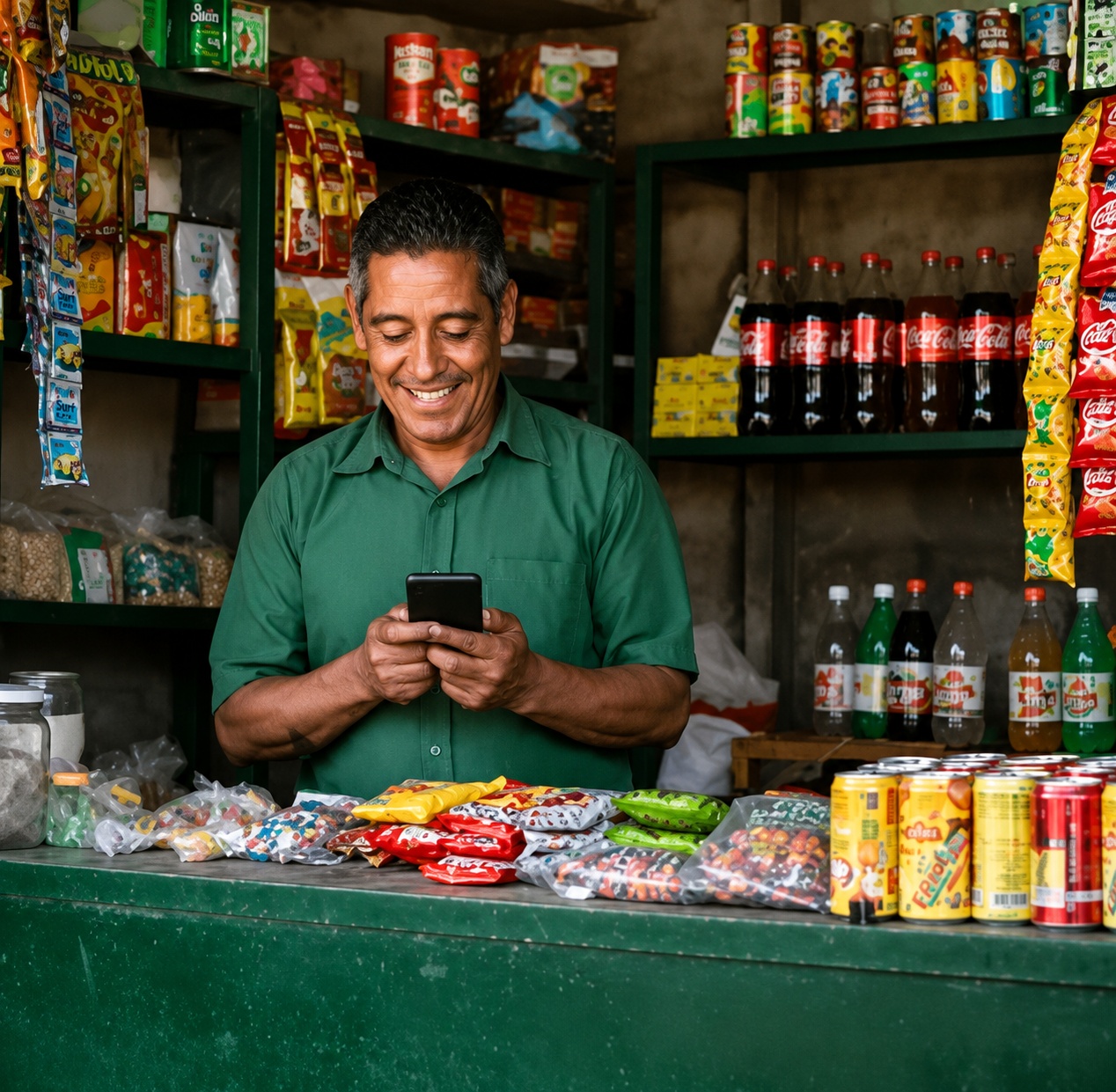Shopkeeper using his phone behind his shop counter
